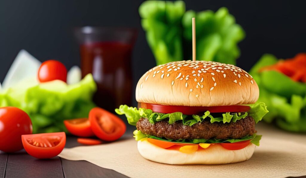 professional food photography close up of a a hamburger with lettuce and tomato on a black backgroun Free Photo