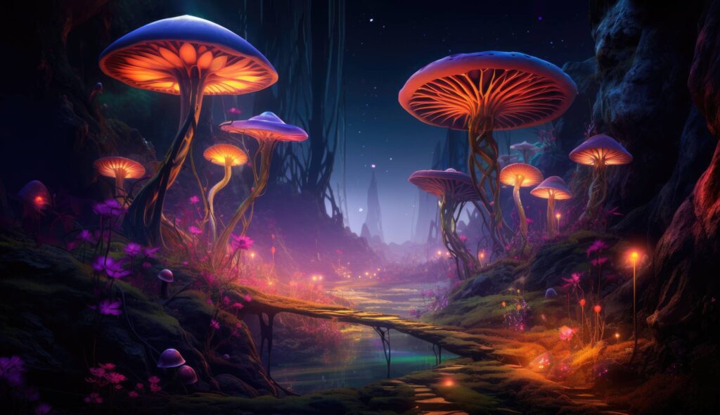 Psychedelic Fantasy World with Glowing Mushrooms Stock Free