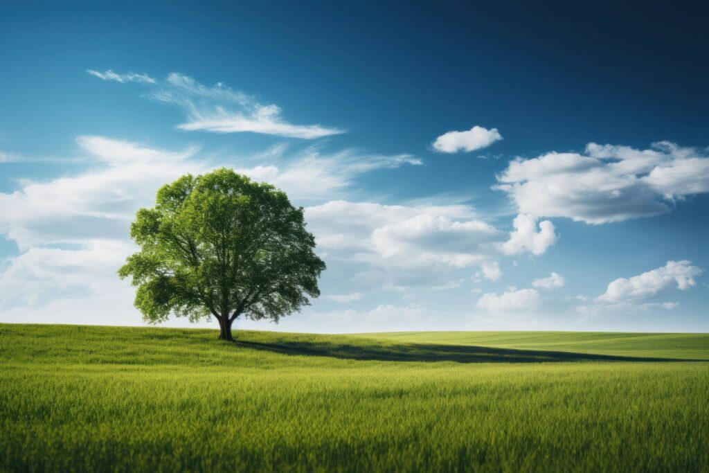 Pure Nature Landscape Single Tree in Green Field Stock Free