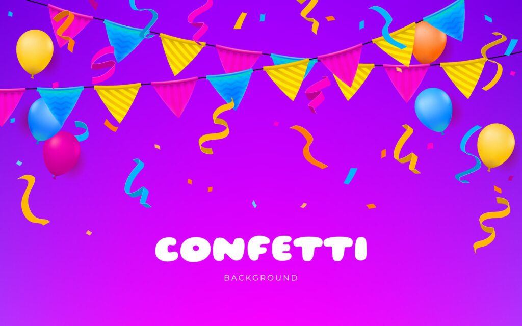 Purple banner with confetti, flags, and balloons, creating atmosphere for a happy birthday. Design perfect for birthday parties, anniversaries, or any joyful event. Not . Free Vector