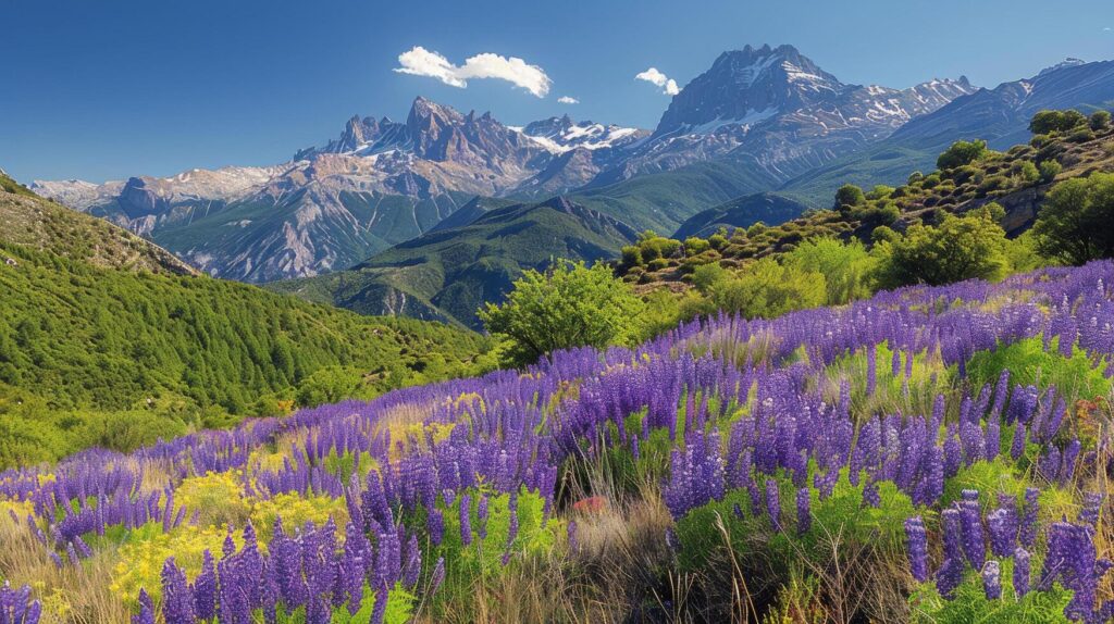 Purple Flowers Field With Mountain Background Stock Free