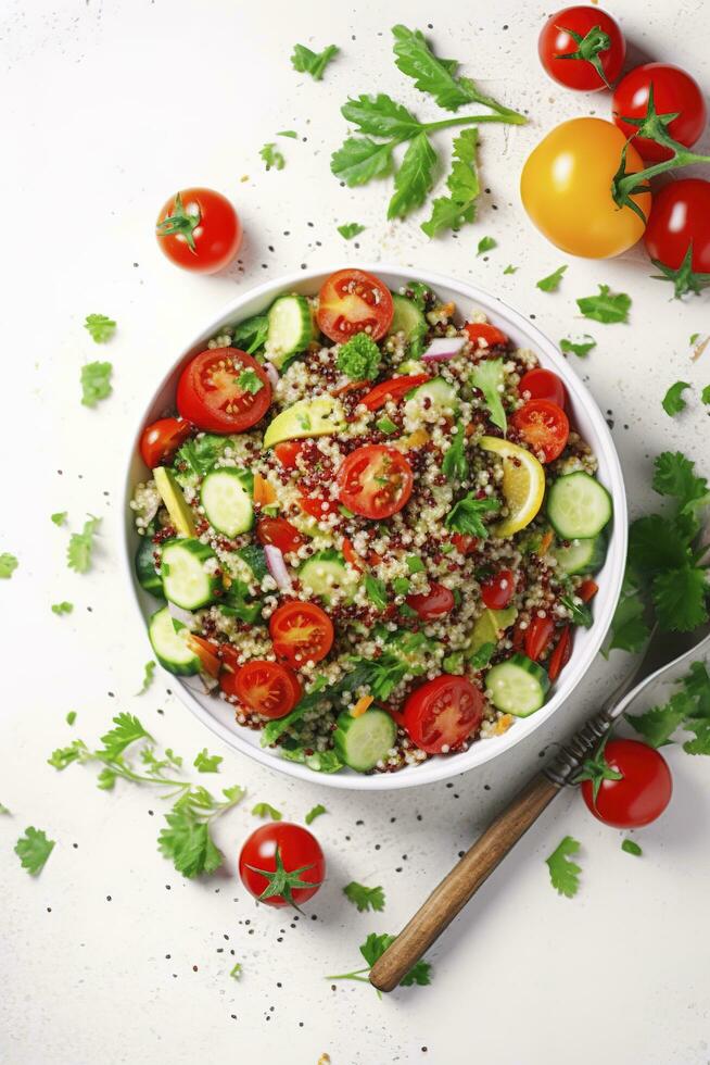 Quinoa tabbouleh salad with red cherry tomatoes, orange paprika, avocado, cucumbers and parsley. Traditional Middle Eastern and Arabic dish. White table background, top view, generate ai Stock Free