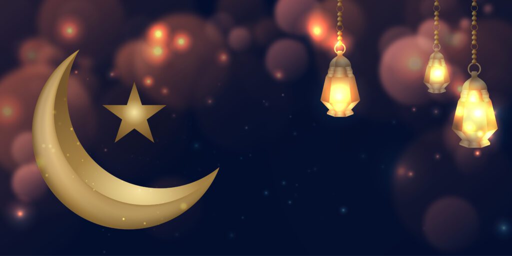 Ramadan Kareem Glowing Golden Moon Background Free Vector