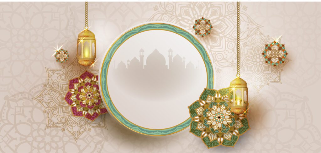 Ramadan kareem Poster with Frame and Hanging Lanterns Free Vector