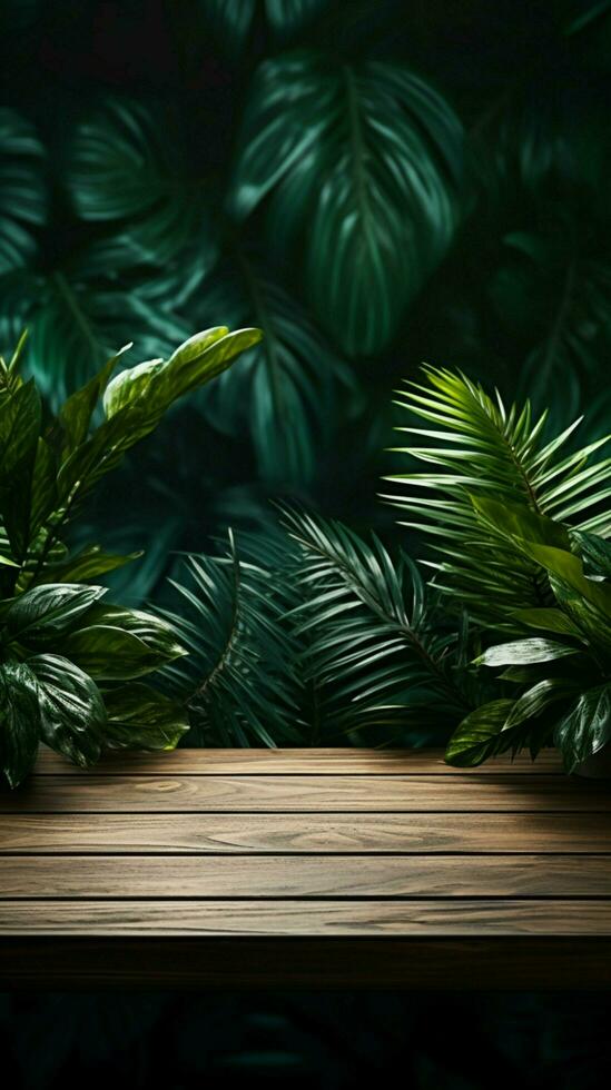 Realistic 3D oak wood table with tropical leaves for product overlay Vertical Mobile Wallpaper AI Generated Stock Free