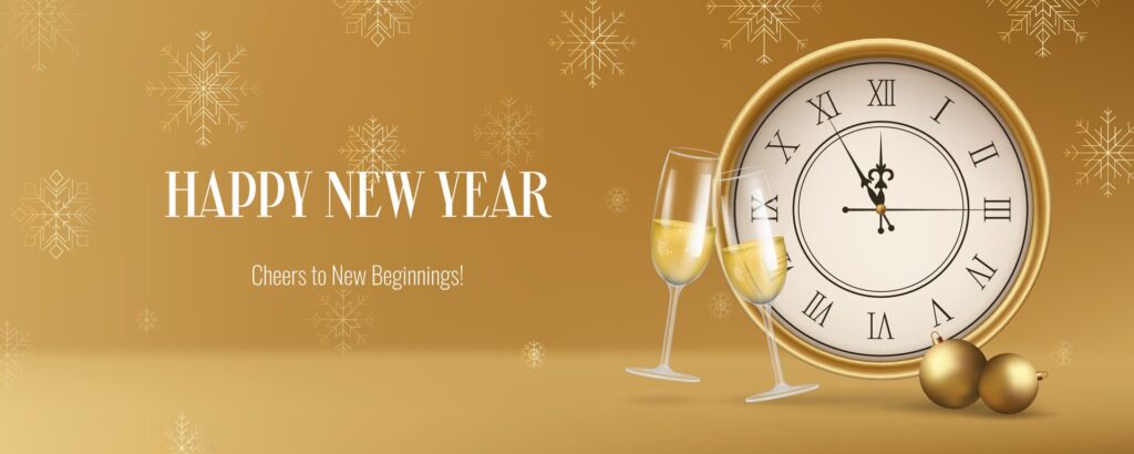 Realistic gold New Year banner, featuring a clock, snowflakes and champagne. Gold and Christmas themed decorations. Suitable for invitations, greetings, and event promotions. Not . Free Vector