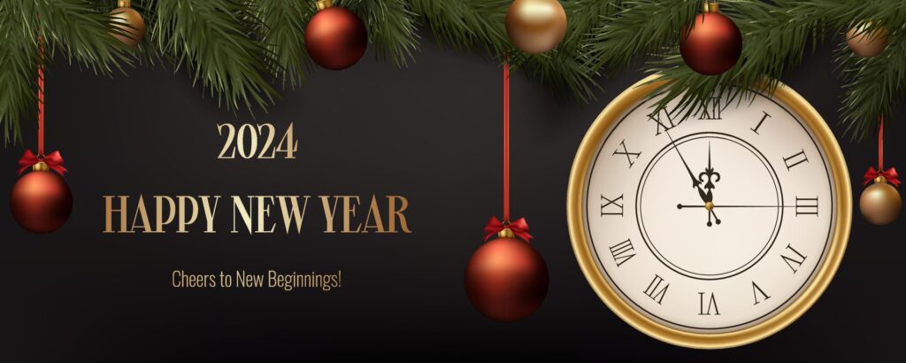 Realistic luxury Happy New Year banner, featuring a clock, balls and pine. Gold and Christmas themed decorations. Suitable for invitations, greetings, and event promotions. Not . Free Vector