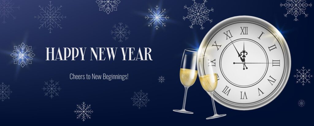 Realistic night New Year banner, featuring a clock, snowflakes and champagne. Gold and Christmas themed decorations. Suitable for invitations, greetings, and event promotions. Not . Free Vector