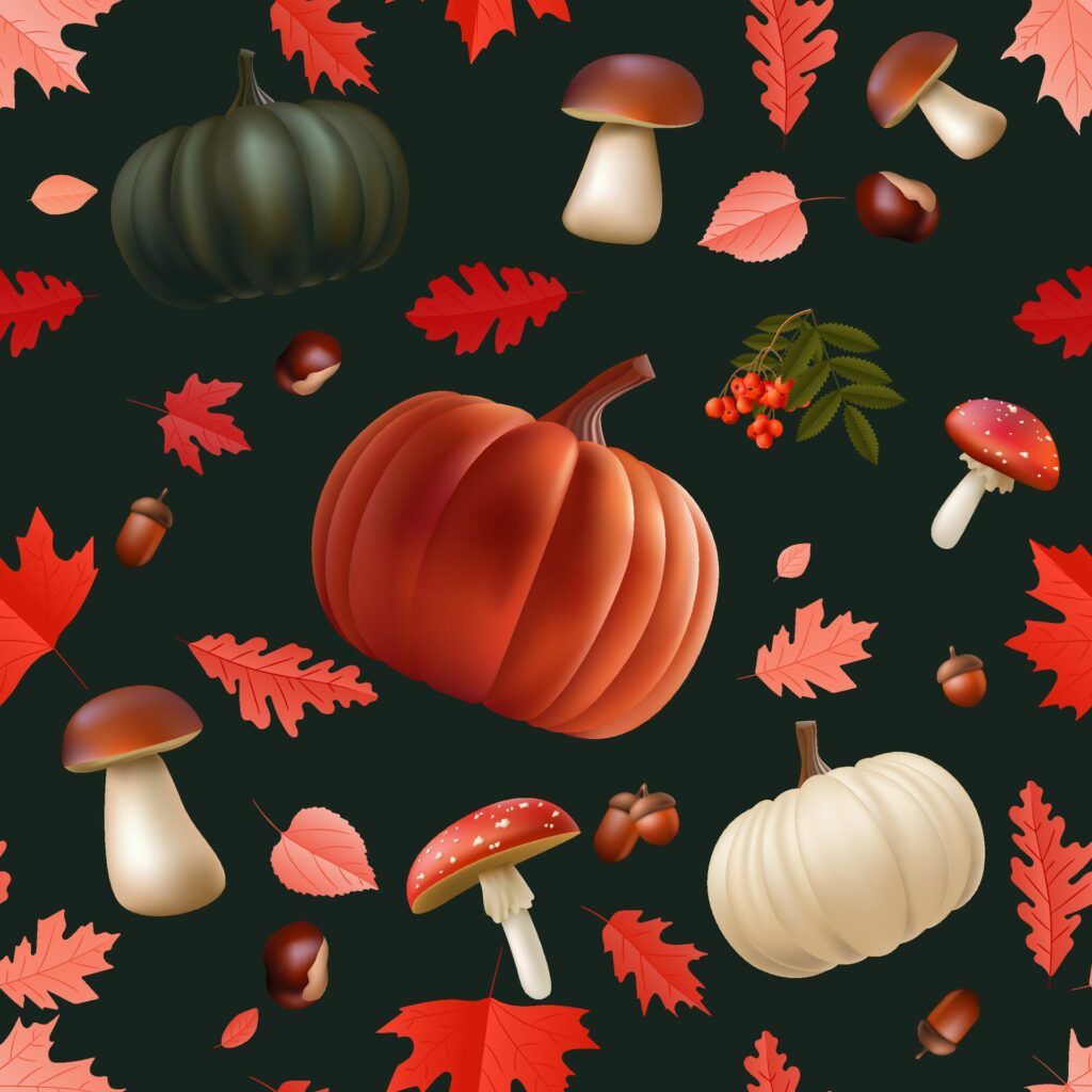 Realistic pumpkins, leaves, mushroom, acorn, chestnut. Autumn foliage seamless pattern vibrant and textured decoration. Perfect for textiles, wallpapers, and more. Not . Free Vector