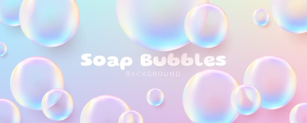 Realistic soap bubbles. Cute banner. Transparent bubbles with a glossy rainbow surface, conveying a clean and airy concept. Not . Free Vector