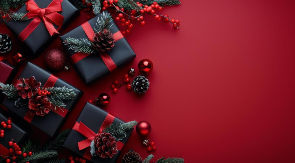 Red Background With Presents and Pine Cones Stock Free