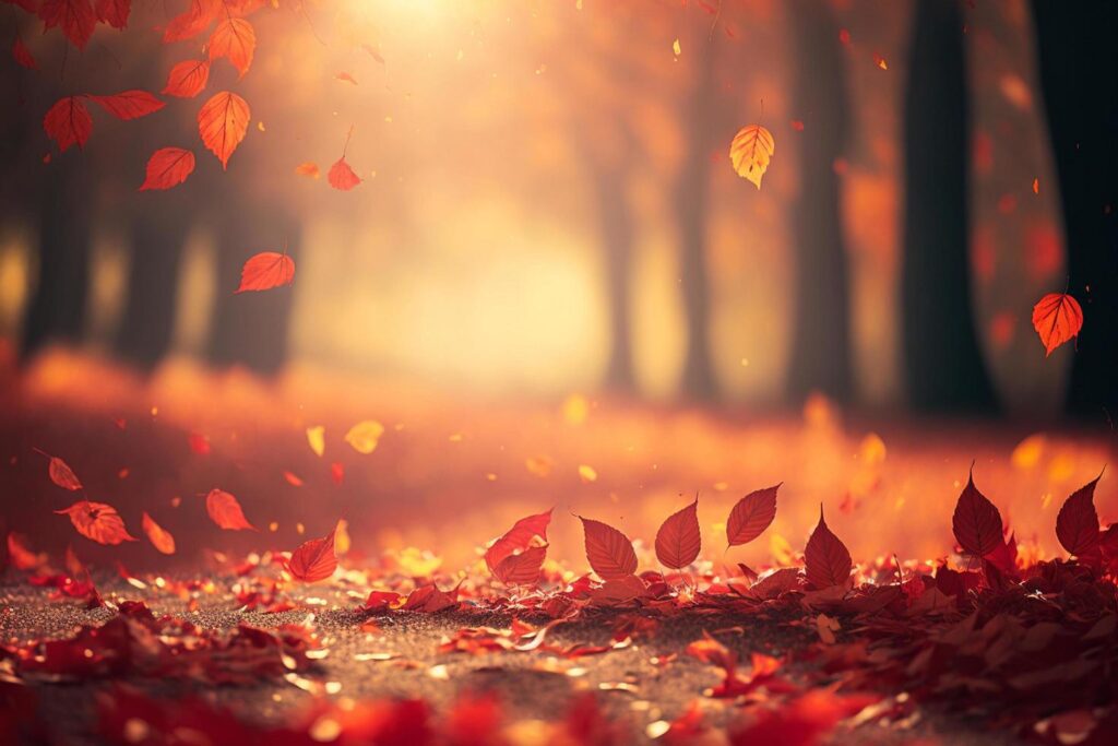 
									Red Leaves Falling In Forest, Defocused Autumn Background With Sunlight Stock Free