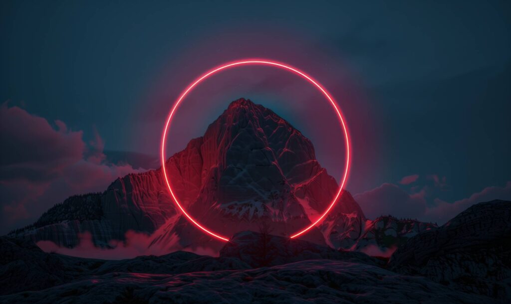 Red Neon Circle Around the Mountain at Night Stock Free