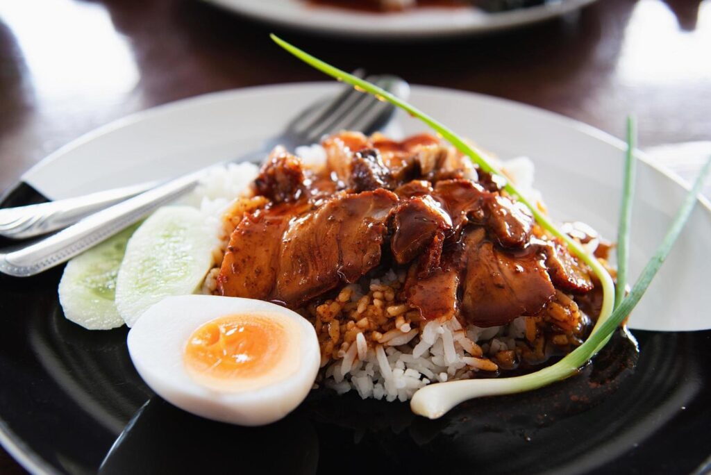 Red pork and rice – famous Thai food recipe Stock Free