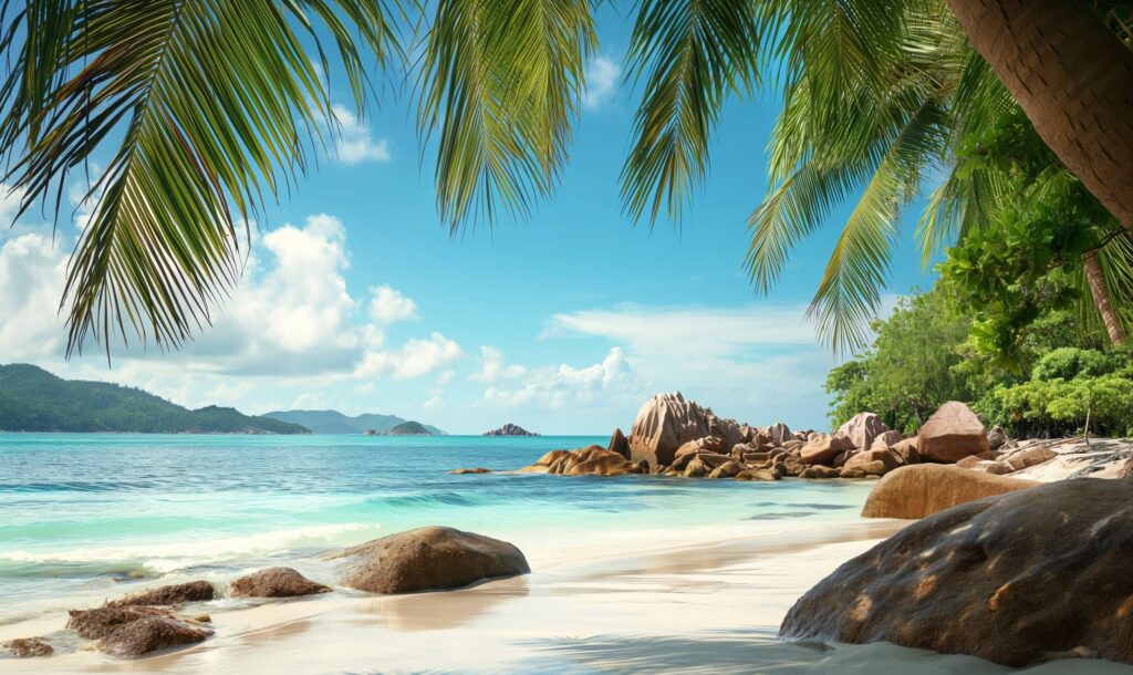 Relaxing Under a Palm Tree on a Seychelles Beach Stock Free