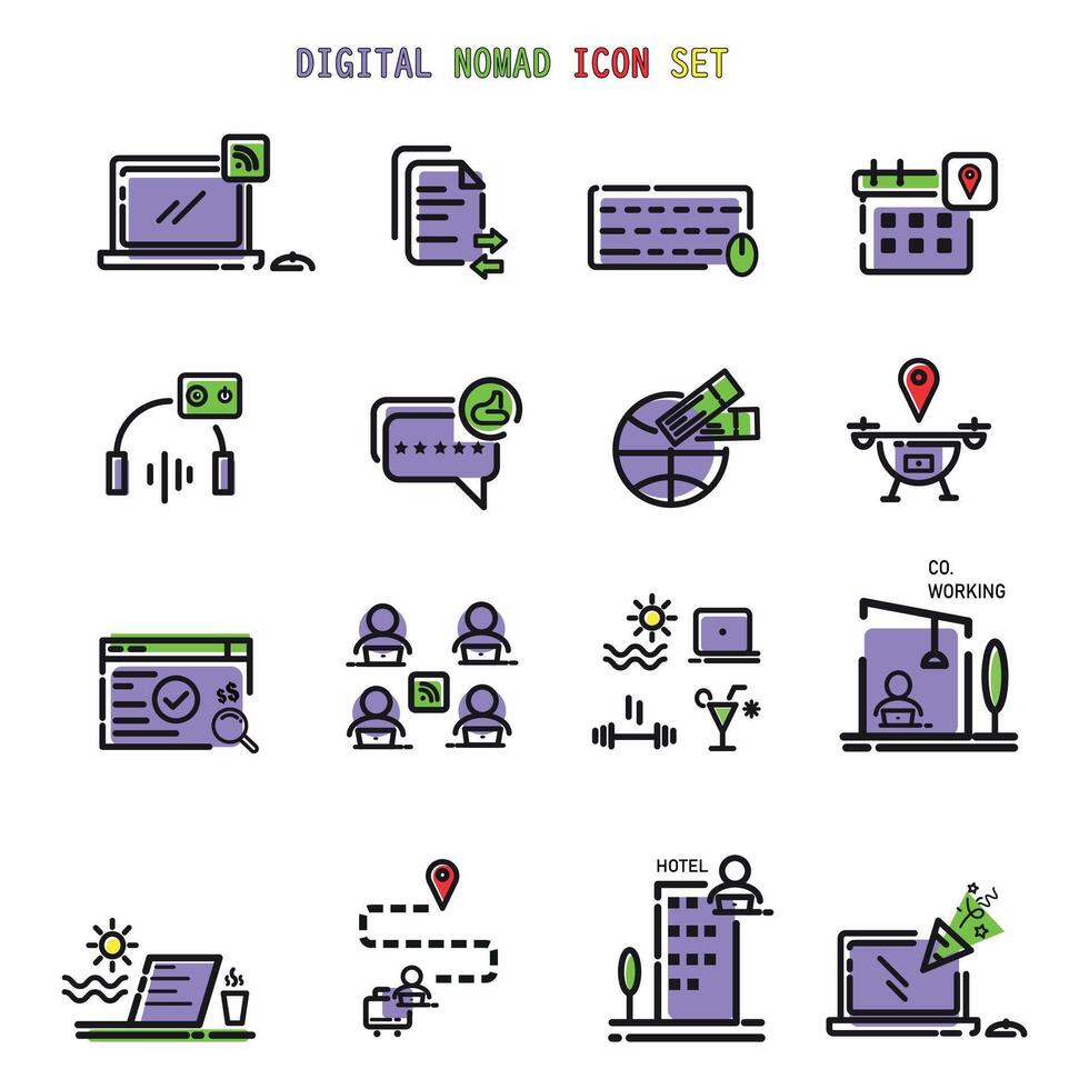 Remote work, digital nomad, work from Home lifestyle outline color collection icon set. Stock Free