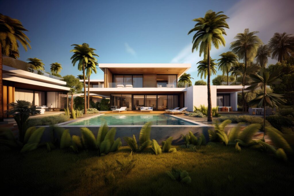 Rendering of Modern Tropical Villa with Swimming Pool Stock Free