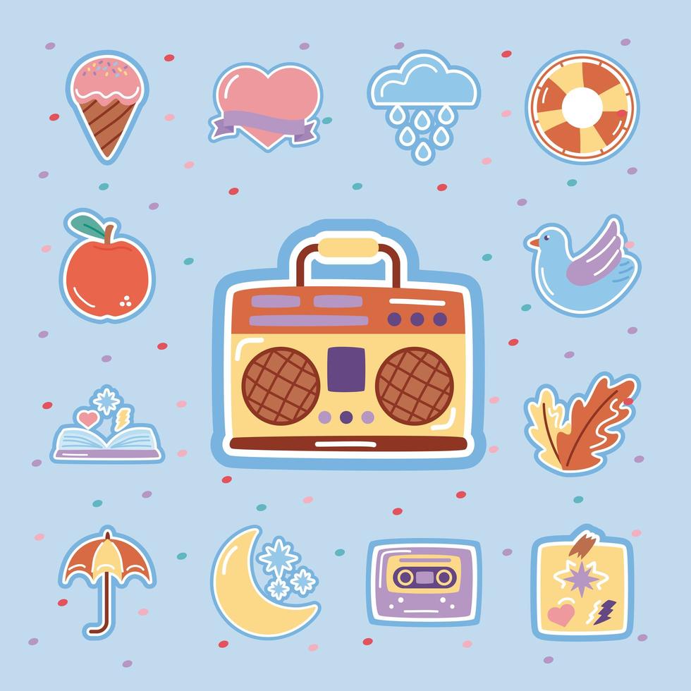 retro radio with set stickers flat style icons Stock Free