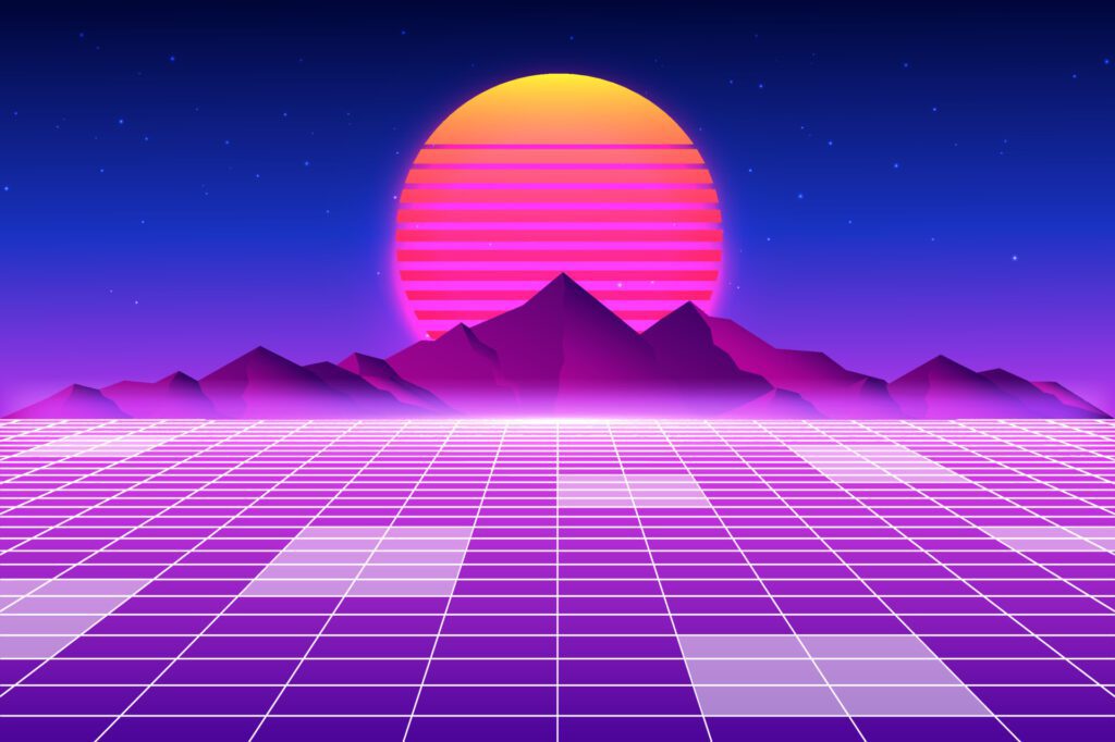 Retro Sci-Fi futuristic background 1980s and 1990s style 3d illustration. Digital landscape in a cyber world. For use as design cover Free Vector