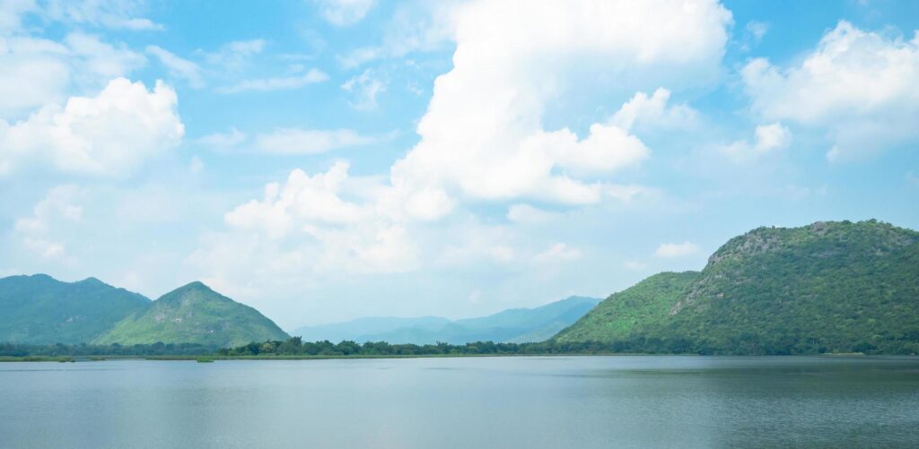 River with mountain and valley and blue sky white clouds landscape in nature beautiful,Winter season Stock Free