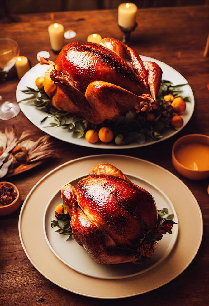 Roasted Thanksgiving turkey on a festive table. 3d illustration. Food photo Stock Free