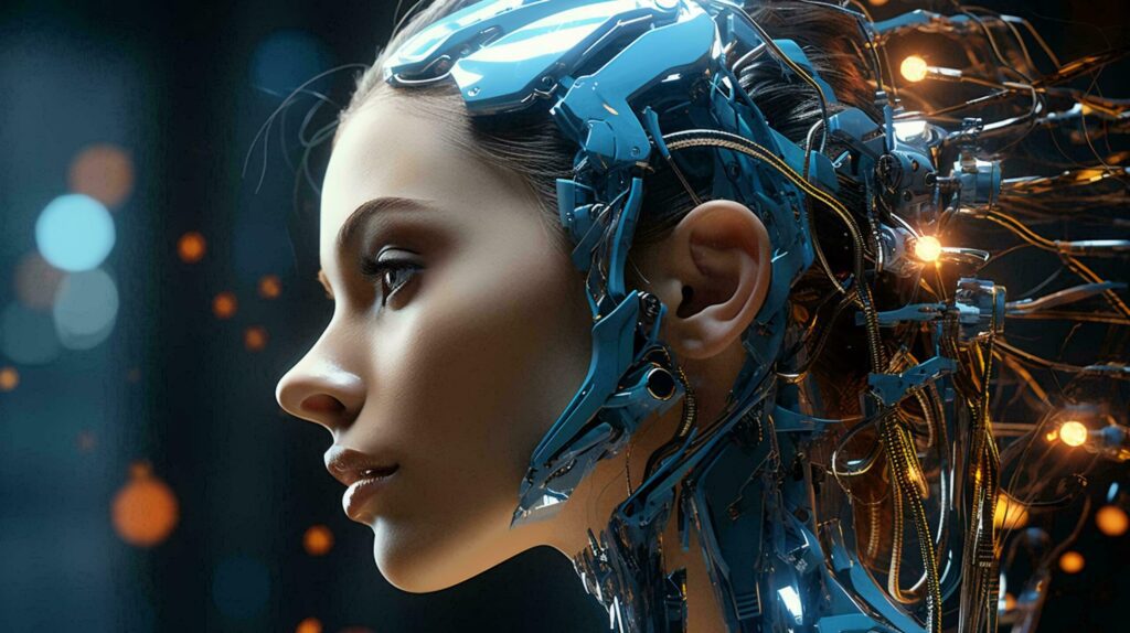 Robot woman face futuristic digital with metallic details Free Photo