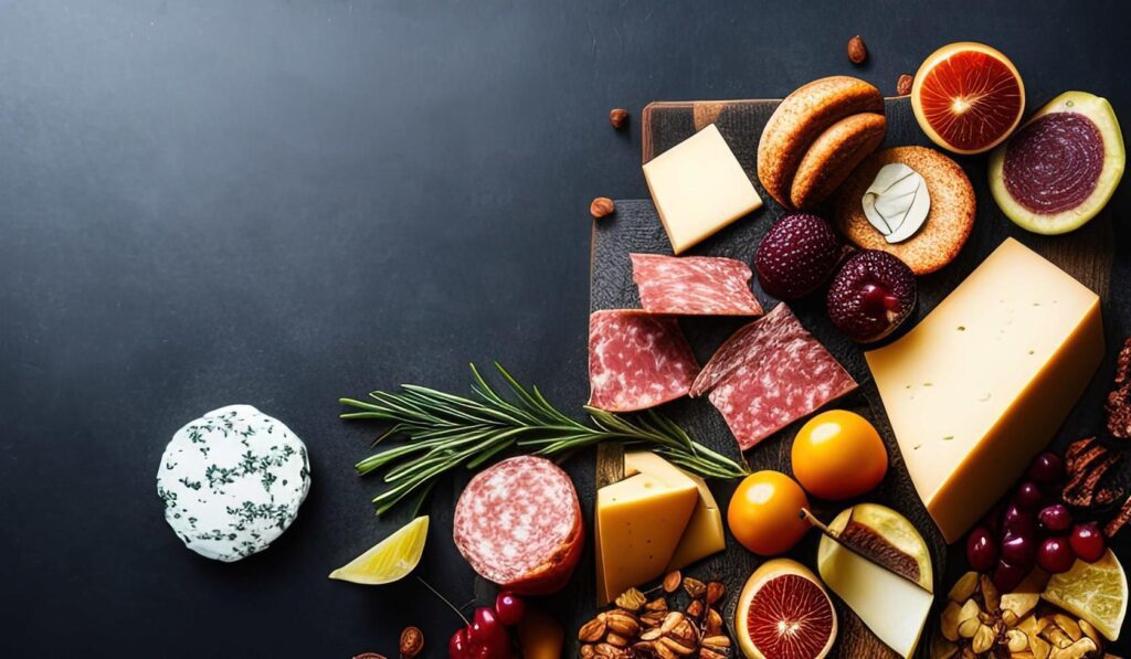 rofessional food photography close up of a Cheese and charcuterie board sitting on top of a table Stock Free