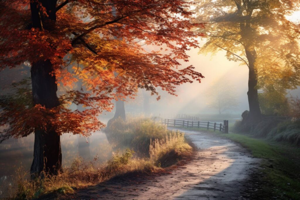 Romantic Fall Scenery Countryside Road in Foggy Autumn Morning Stock Free