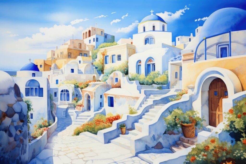 Romantic Painting of Beautiful Santorini Greece Stock Free