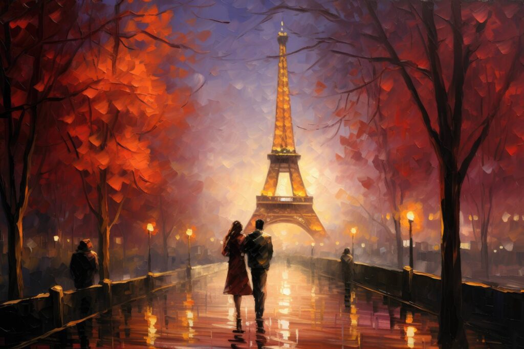 Romantic Painting of Elegant Couple and Eiffel Tower in Paris, France Stock Free