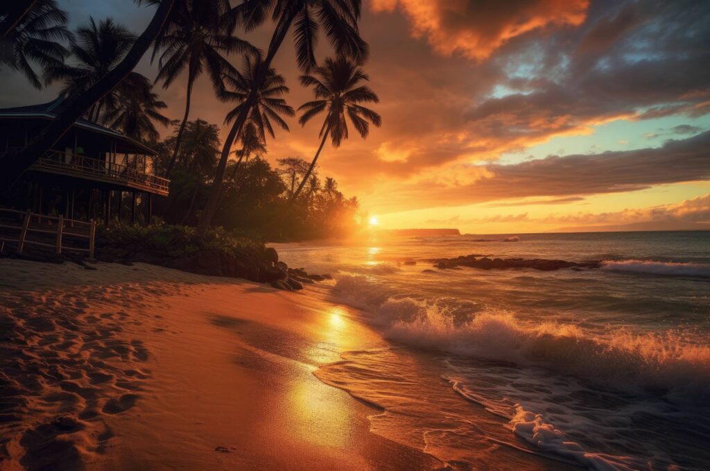 Romantic Tropical Beach with Villa and Palms During Beautiful Sunset Stock Free