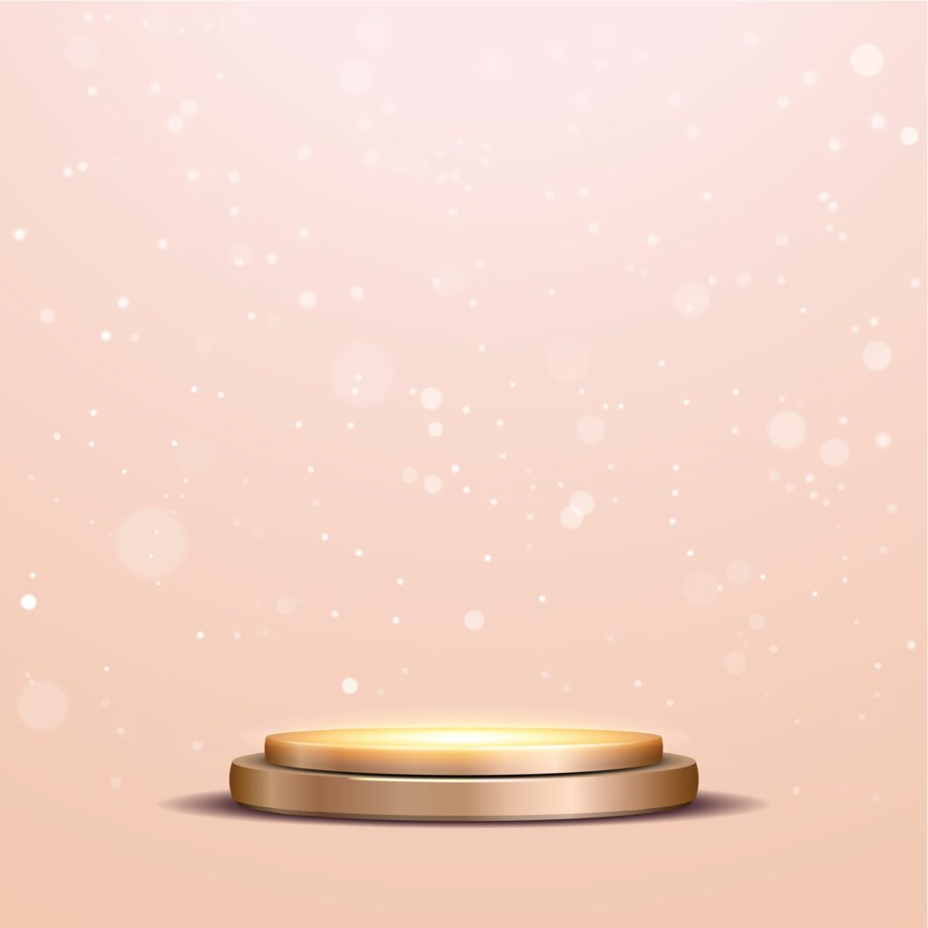 Round metallic pink podium with a spotlight and bokeh on a white background, the first place, fame and popularity. Vector illustration. – Vector Free Vector