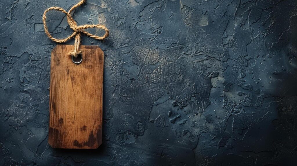 Rustic Wooden Tag Hanging on a Blue Textured Background Stock Free