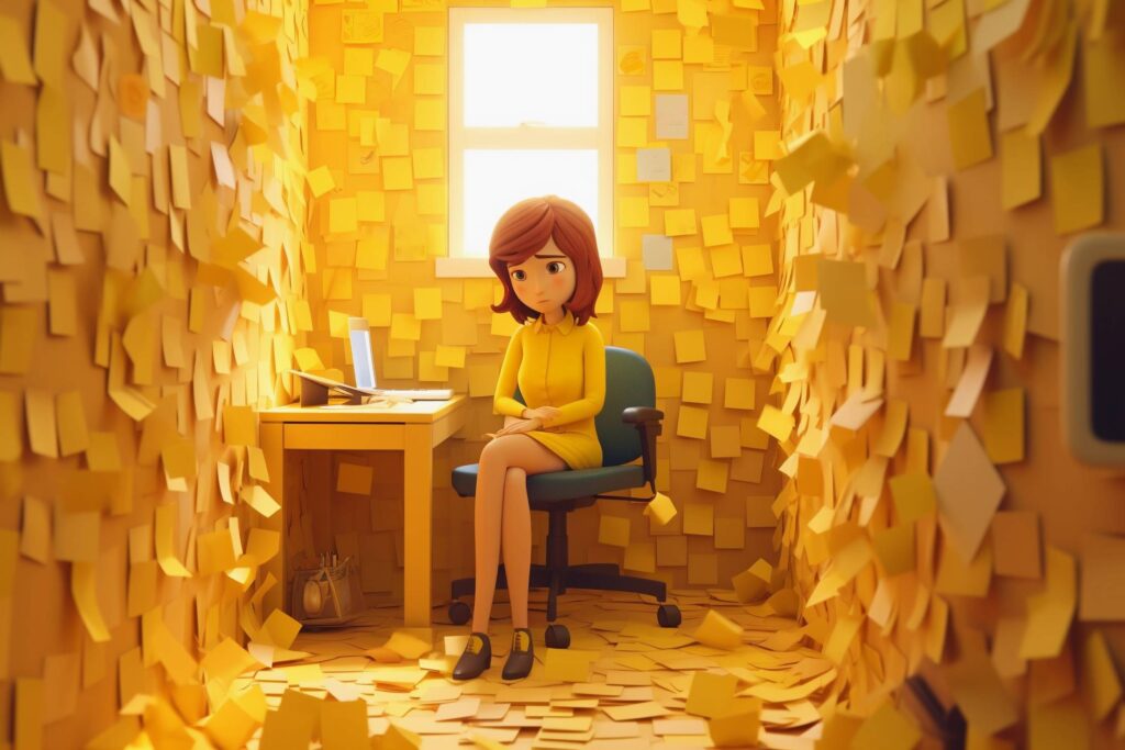 Sad Secretary with Yellow Sticky Notes All Around Her Office Stock Free