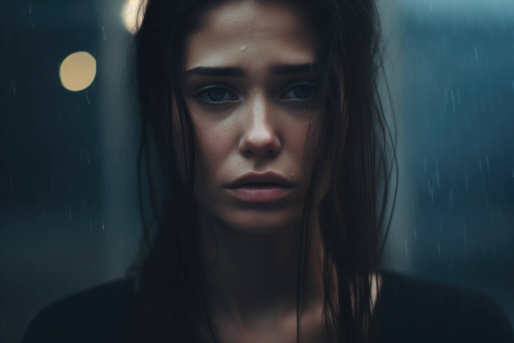 Sad Woman Standing in Rain Stock Free