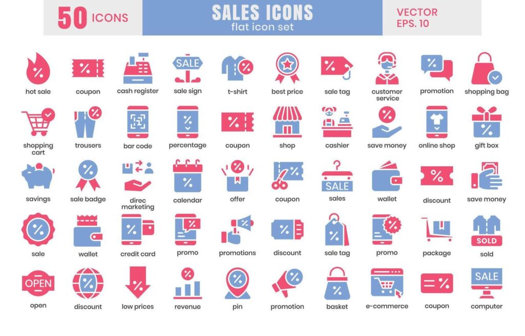 Sales icons set.E-commerce online shopping flat two-color icons Stock Free