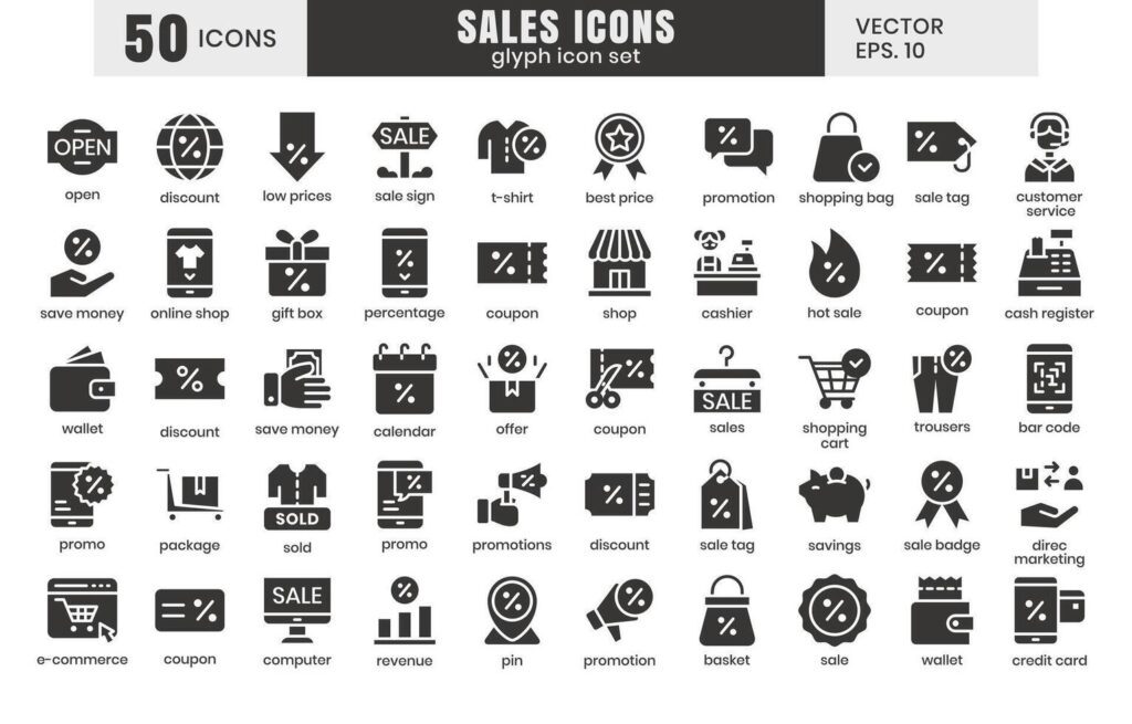 Sales icons set.E-commerce online shopping glyph icons Stock Free