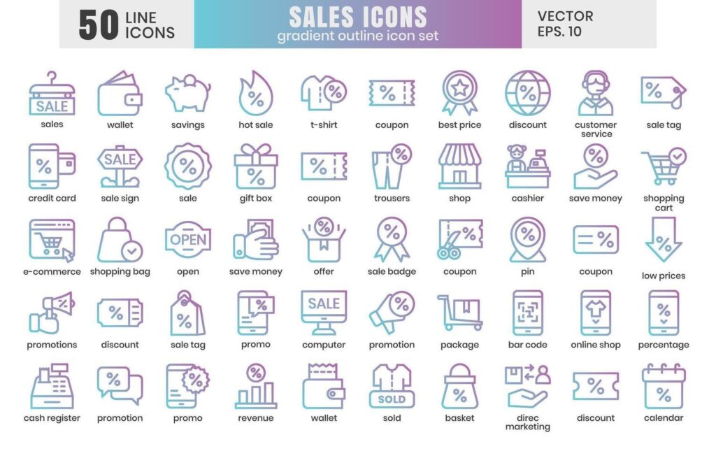 Sales icons set.E-commerce online shopping gradient outline icons Stock Free