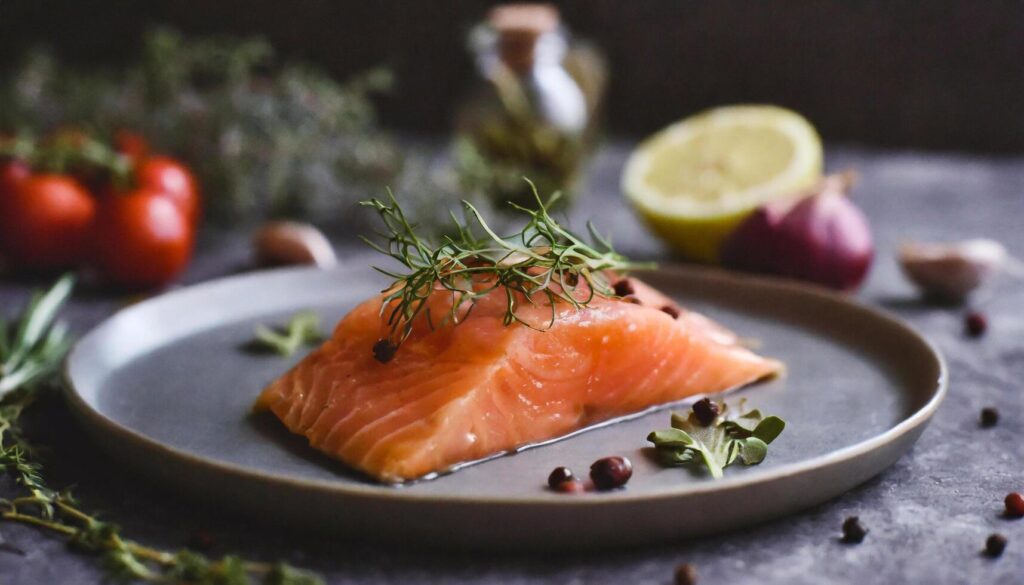 salmon vegetables herbs plate food dark background Stock Free