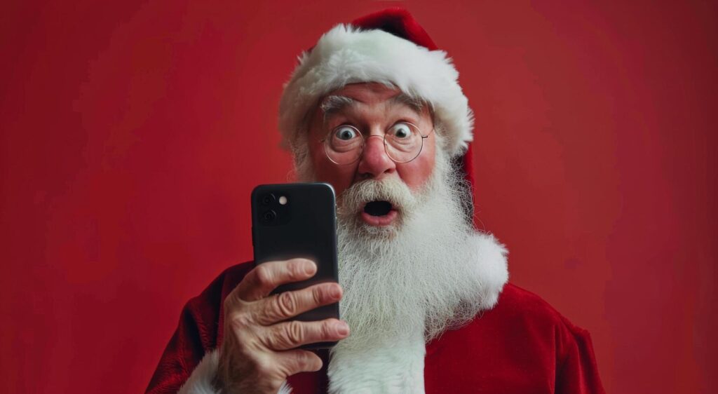 Santa Claus Looking at Smartphone With Surprised Expression Against Red Background Stock Free