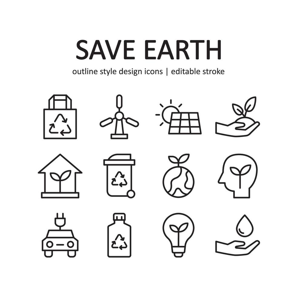 Save earth icon set. Contains such Icons as ecology, alternative energy, and more . Line style design. Vector graphic illustration. Suitable for website design, app, template, ui. Stock Free