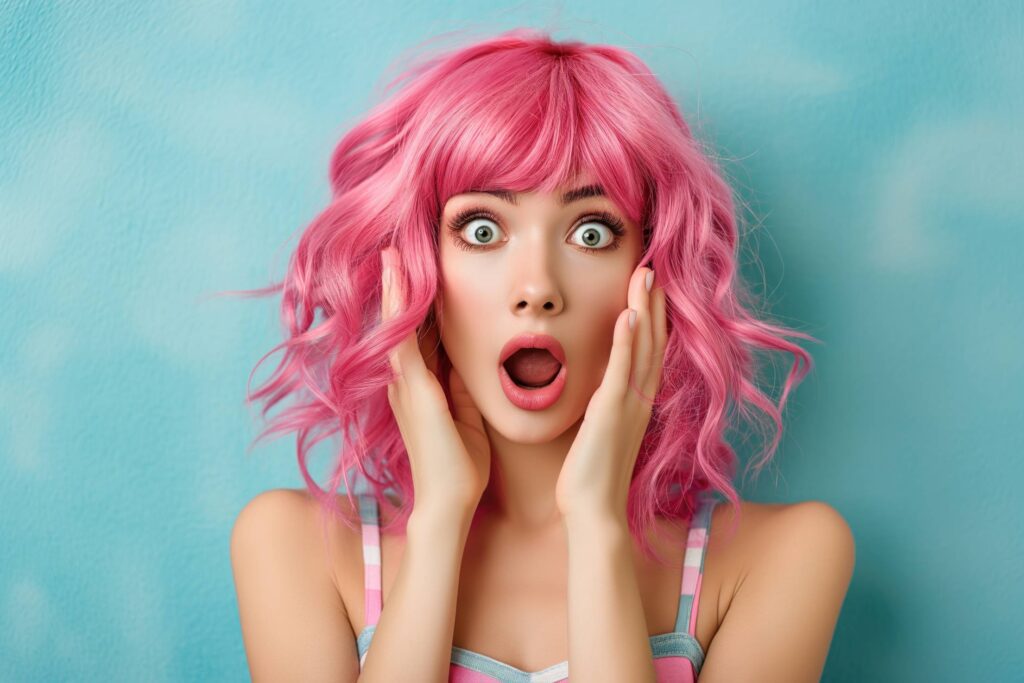 Scared and Surprised Woman with an Open Mouth and Pink Hair Stock Free