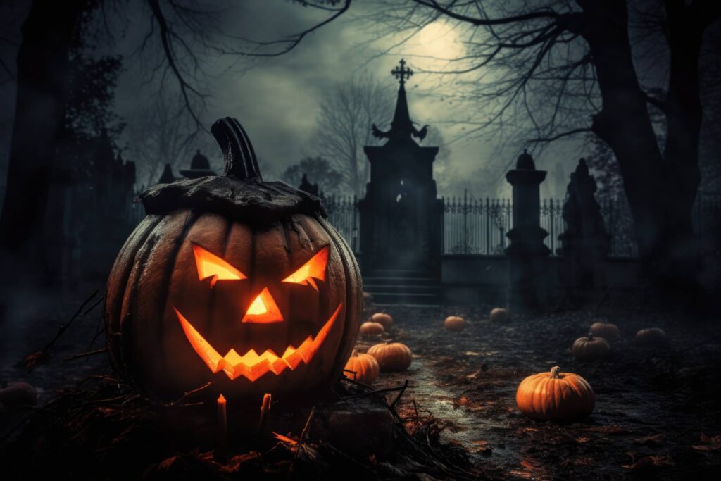 Scary Halloween Pumpkin Near Dark Graveyard Stock Free