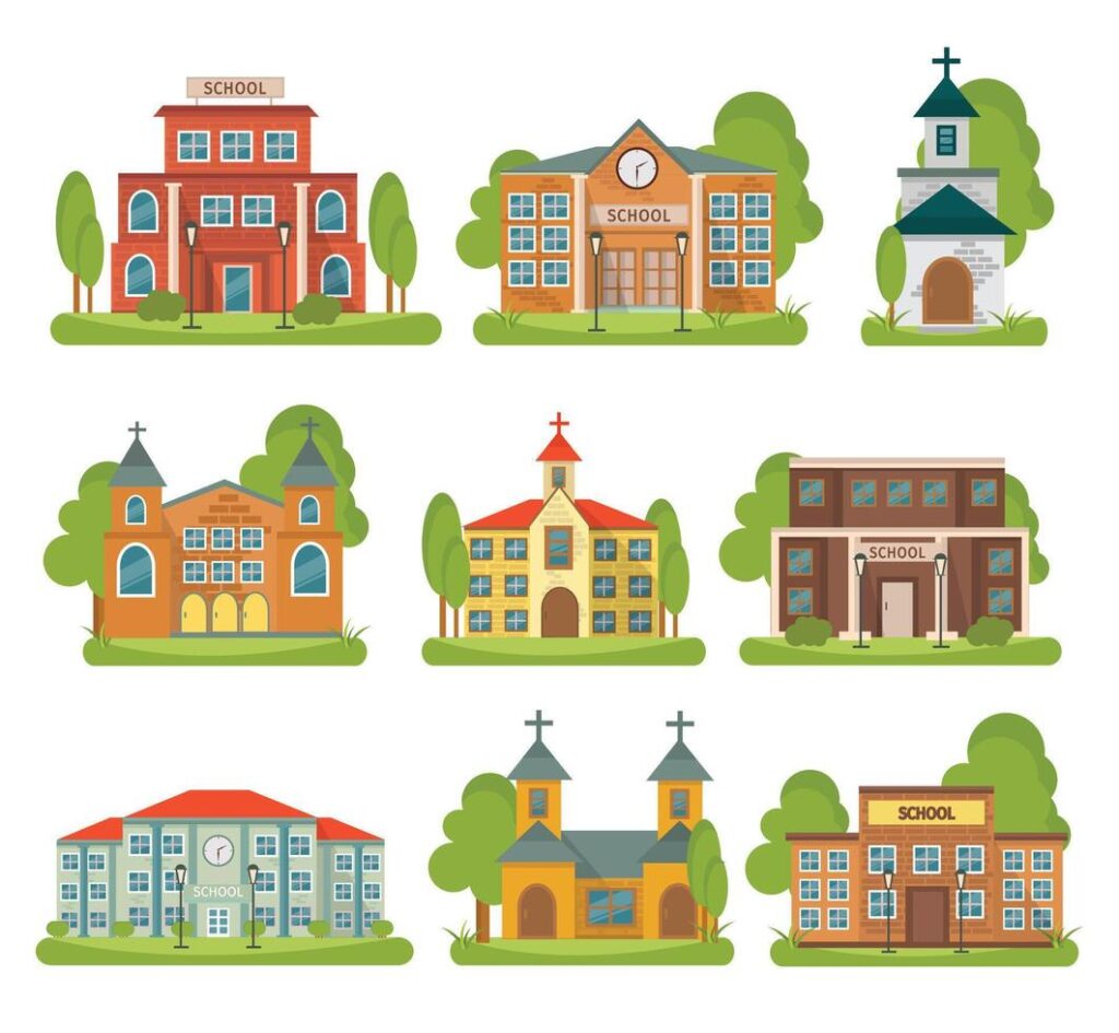 school buildings and school buildings set of flat icons Stock Free