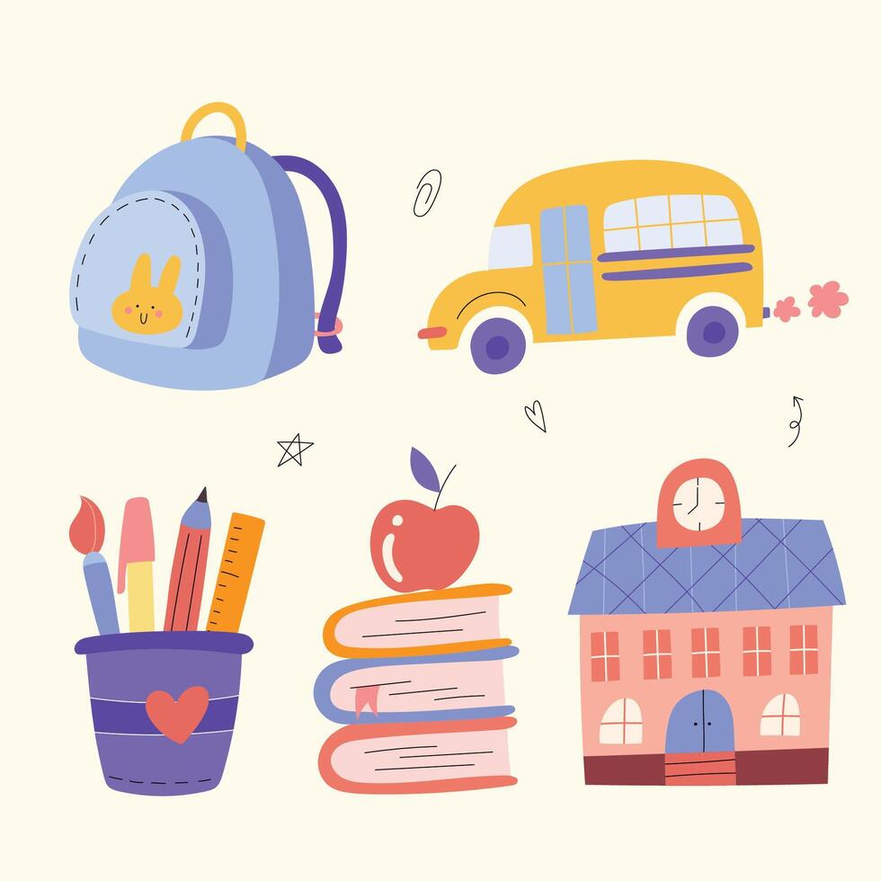 school supplies and school bus icon set Stock Free