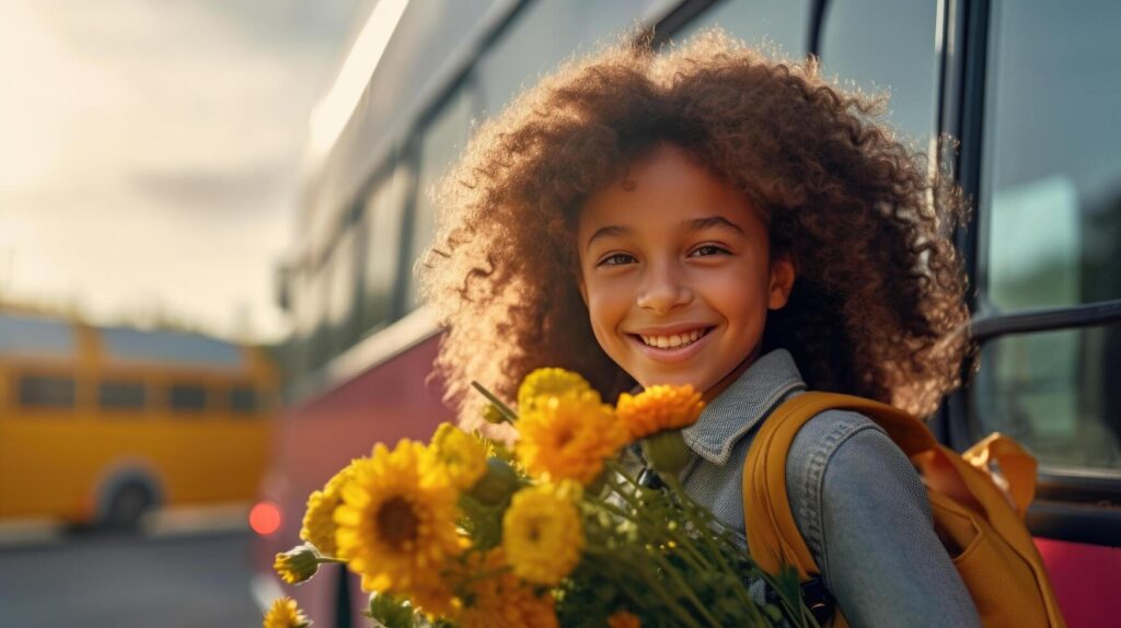 Schoolgirl goes to school with a bouquet of flowers. Illustration Stock Free