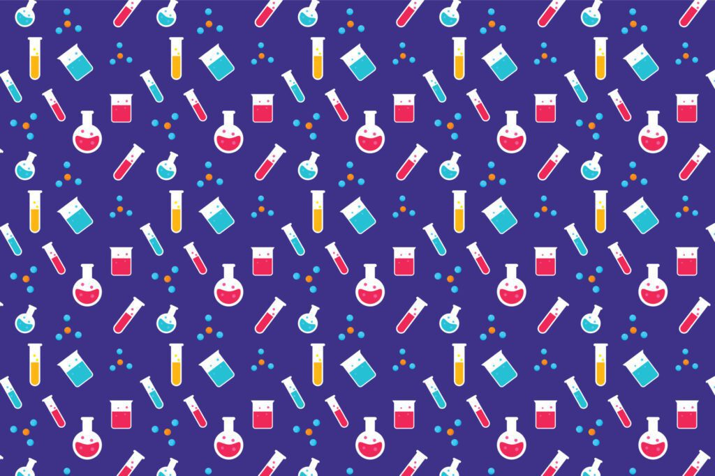 Seamless science pattern background vector with molecular basis and test tube icons. Educational pattern design for backdrop and wallpaper on a purple background. Minimal science pattern vector. Free Vector