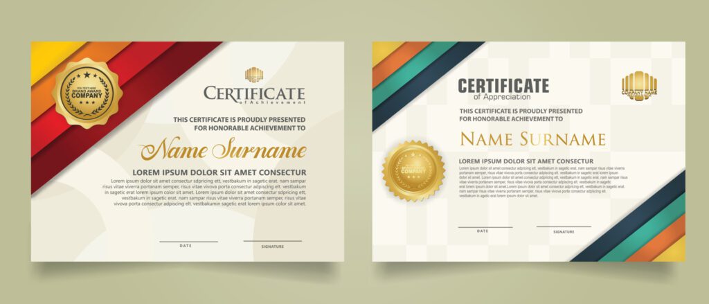 set certificate template with stripes ornament and modern texture pattern background. Diploma. Vector illustration Free Vector