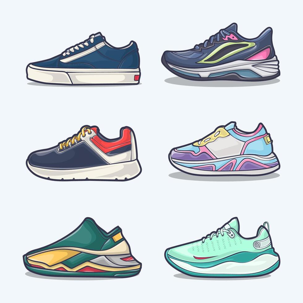 Set collection of shoe cartoon icon, Vector Concept Flat design. Vector illustration Sneakers in flat style. vector sneaker shoes side view. Stock Free