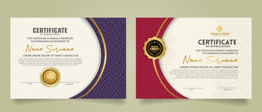 Set modern certificate template with dynamic and futuristic texture on curve ornament and modern pattern background Free Vector